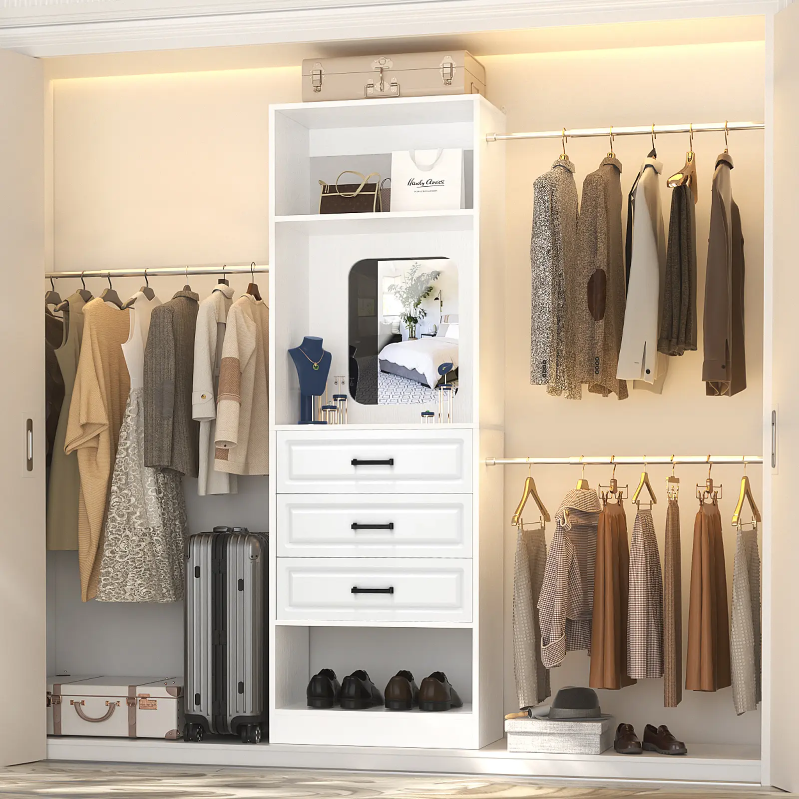 Modern Clothing Storage Wardrobe Closet Cabinet - 48"-96" Wide Sturdy Adjustable System with Mirror, 3 Extendable Hanging Rods, Drawer System Wardrobes & Durable Wood Armoire Storage, Easy to Assemble