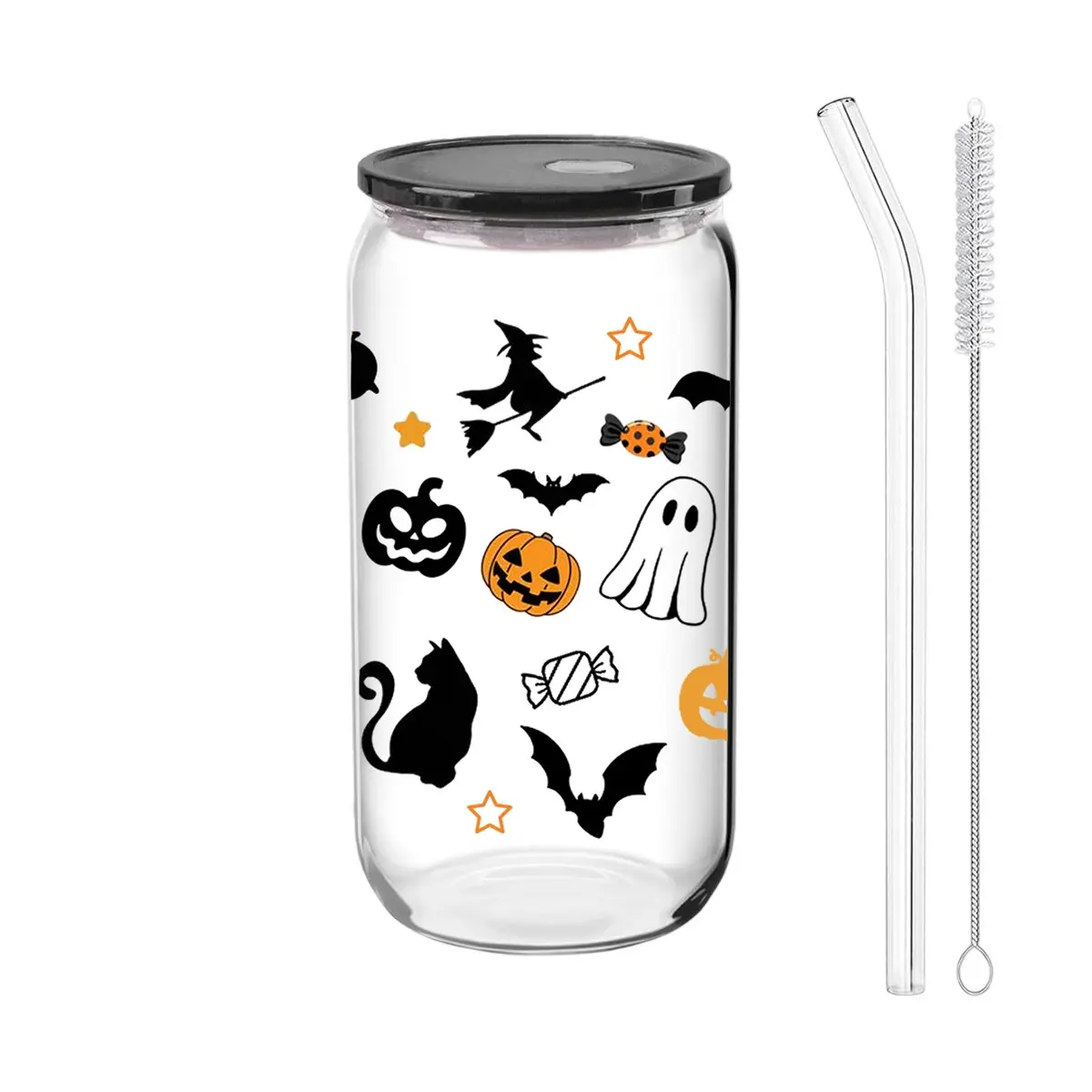 Halloween Glass Cup Set, Drinkware, 16oz Drinking Glasses with Glass Straw & Brush, Perfect Halloween Decorations, Ideal Gift for Spooky Season