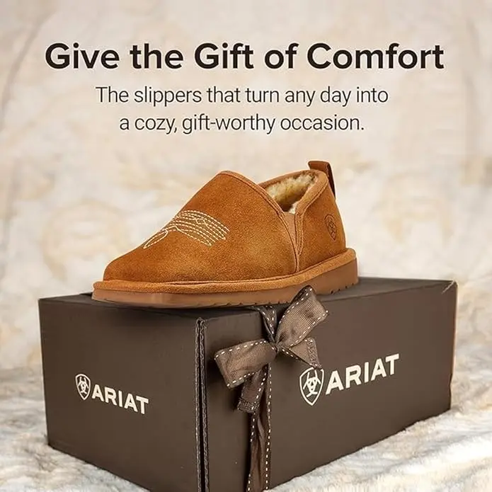 Ariat Men's Lasso Suede Chestnut Slipper 2838 - Wide Square Toe Faux Shearling Lining EVA Sole Western Style Comfort