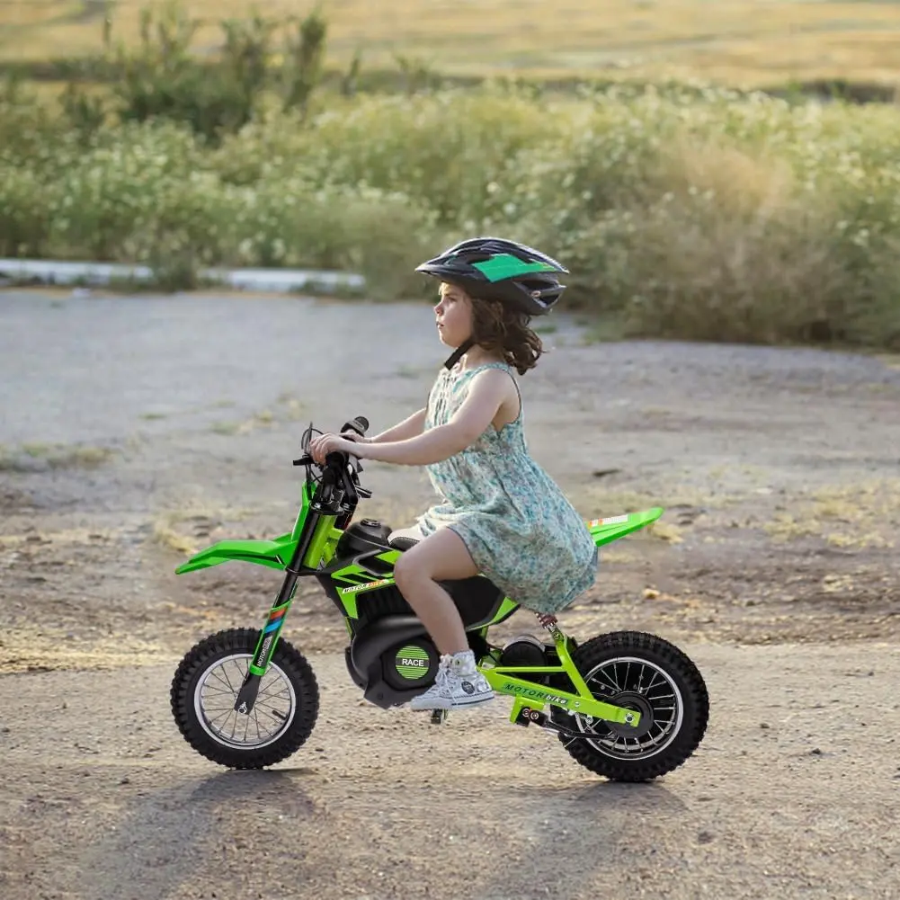 Green 24V Ride On Dirt Bike For Kids With Led Headlight Leather Seat Disc Brakes Air Filled Tires Max Load 175 Lbs Max Speed 15 Point Five Miles Per Hour Rechargeable Battery Electric Off Road Motorcycle Green
