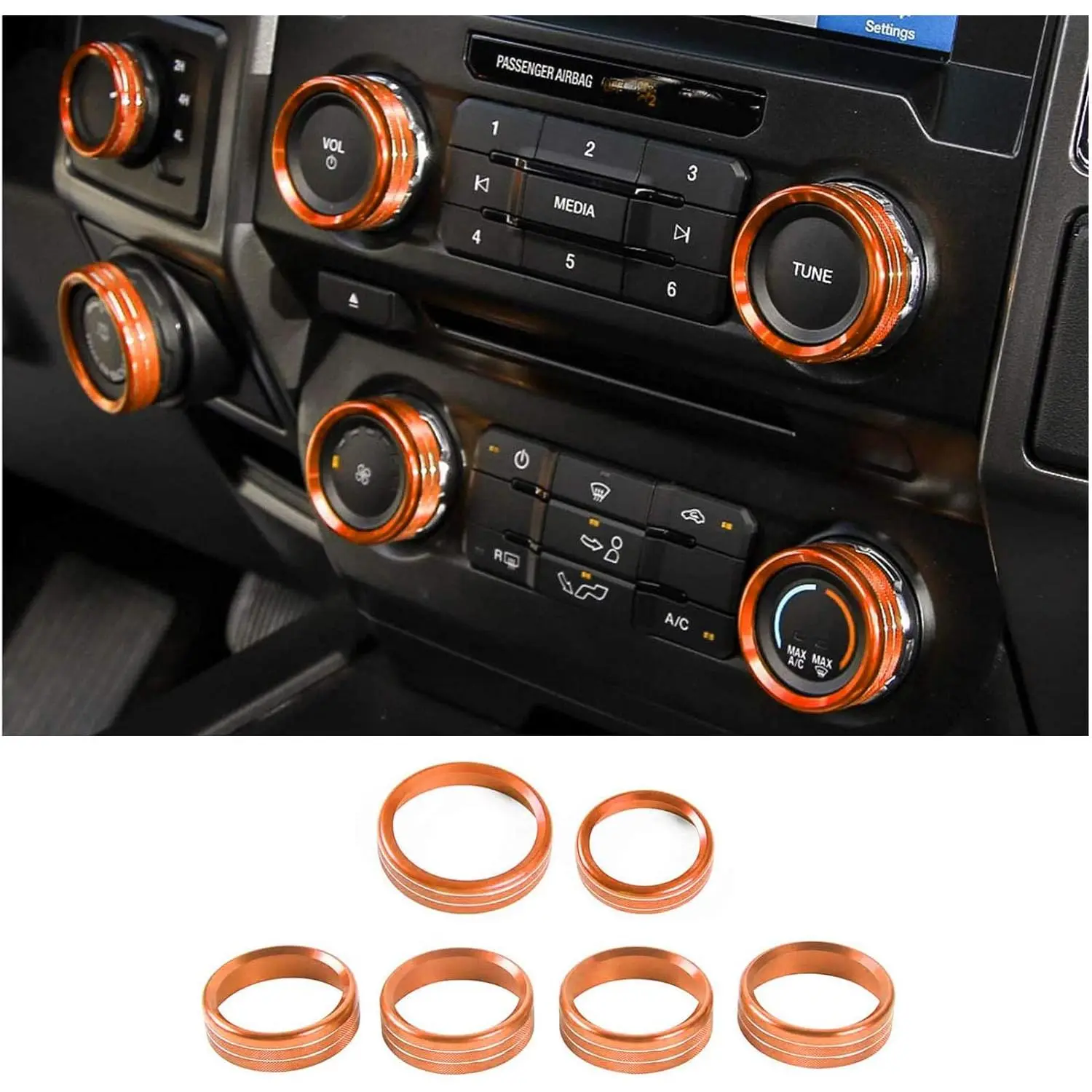 for F150 Air Conditioner Switch & Trailer & 4WD & VOL Knob Button Trim for Ford F150 XLT 2016 2017 2018 2019, Orange Aluminum, 6pcs (Not for 2021 2022)