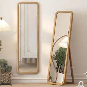 63"×18” Wooden Full Length Mirror, Full Body Mirror, Standing Floor Mirror, Solid Wood Frame, Rounded Corner, Stand Up or Wall-Mounted, Dressing Mirror for Bedroom, Rustic Mirror, Wood