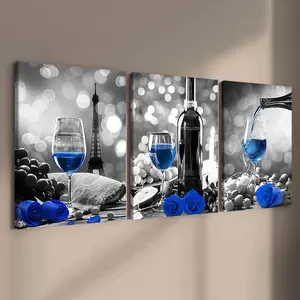 3-Piece Wood Frame Canvas Art Poster Set, Blue Wine Paris Style Modern Wall Decor, Modern Art Design, High-Definition Waterproof Home Decoration