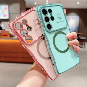OREKROY【Freeship】Case for Samsung S25 Ultra Plus S24 S23 S22 ,Soft Wave Frame Curly Shape Magnetic Cute Love Heart Plating Phone Case with Raised Camera Lens Protection,Compatible with MagSafe Wireless Charging, Shockproof Back Cover for Women Girls