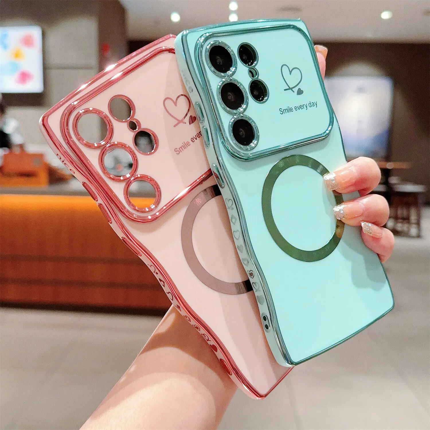 【Freeship】Case for Samsung S25 Ultra Plus S24 S23 S22 ,Soft Wave Frame Curly Shape Magnetic Cute Love Heart Plating Phone Case with Raised Camera Lens