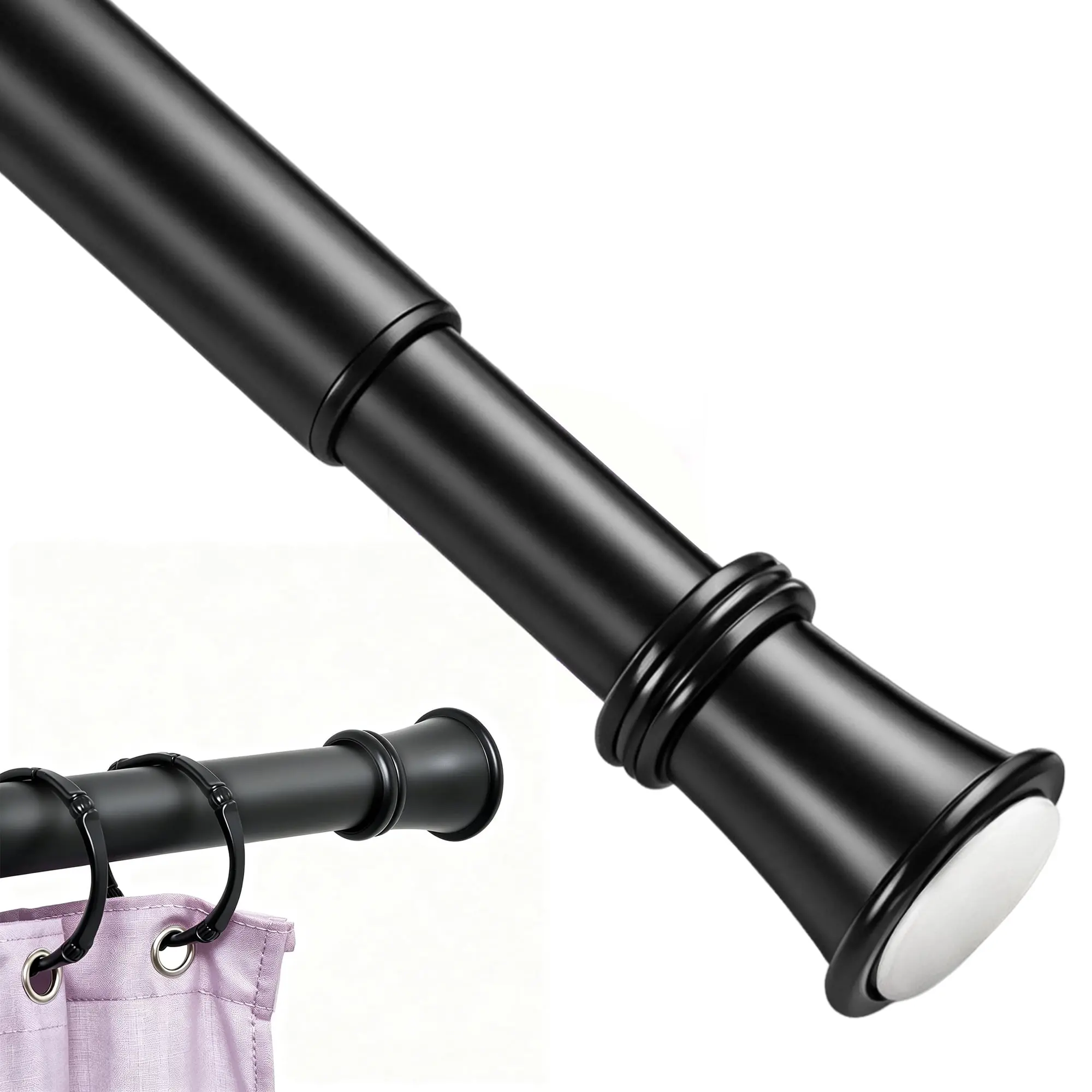 Matte Black No-Drill Adjustable Tension Curtain Rod - Heavy Duty 20lbs Shower & Closet Rod, Non-Slip, 3-Step Easy Installation