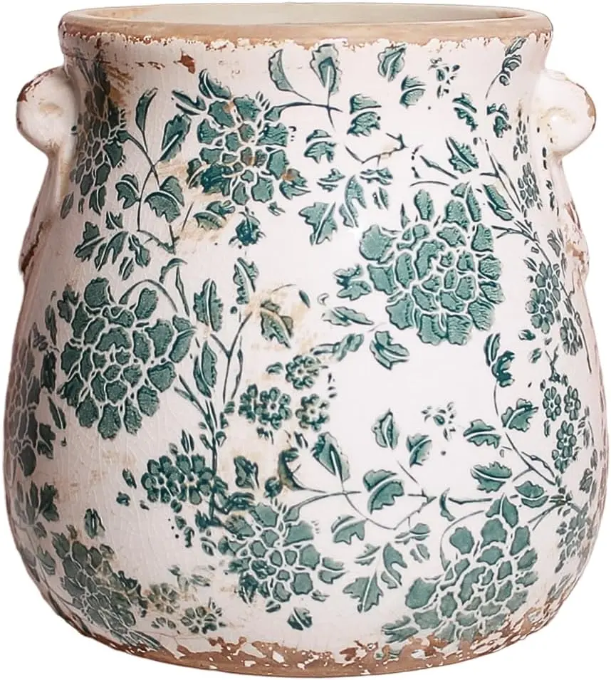 Farmhouse Ceramic Flower Pot & Planter - 6.68in Medium Dark Cyan Sturdy Shabby Chic Tuscan Style, Indoor Garden Pot with Drainage Hole, Versatile for Indoor Needs, Outdoor Home Decor Accessory