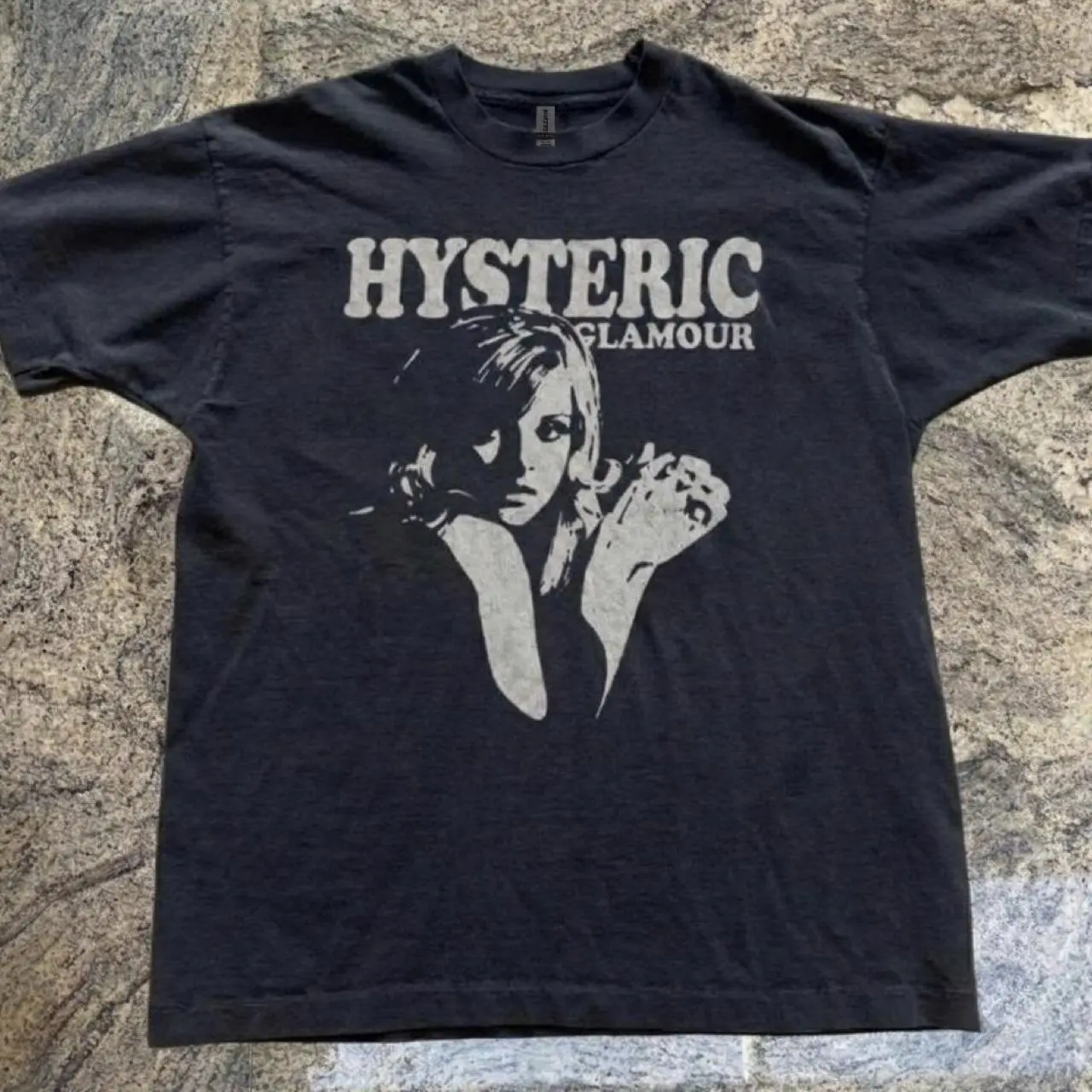 Hysteric Glamour black cotton t-shirt with white graphic of a woman's face with the words 'HYSTERIC GLAMOUR'