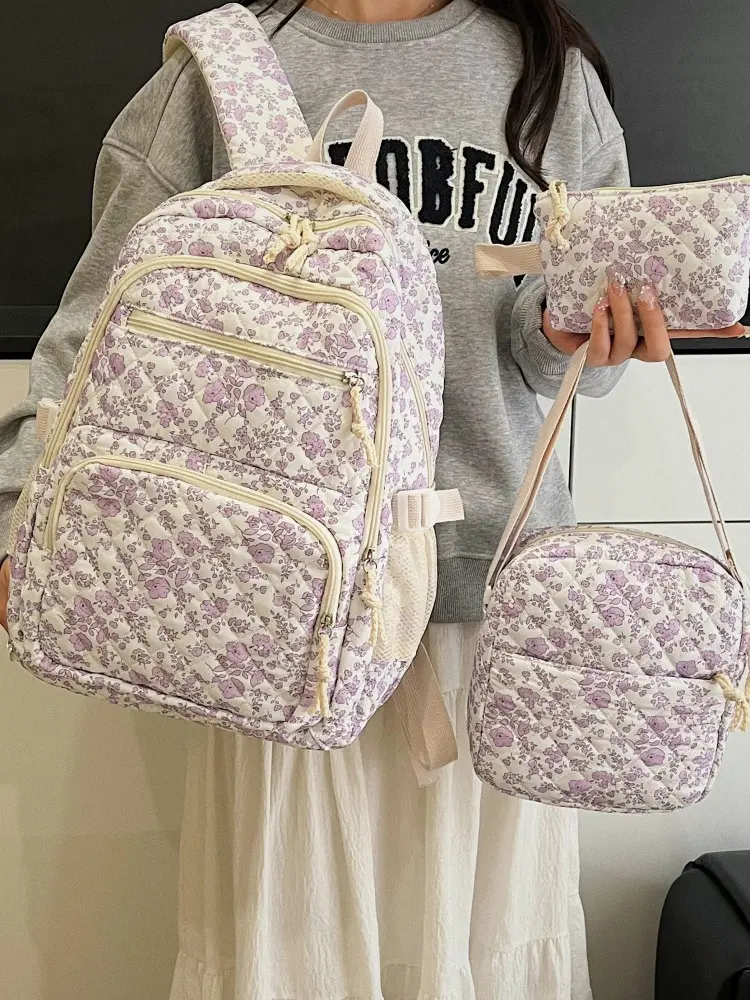 Women's 3pcs Large-Capacity Flower Print Backpacks with Zipper Closure, Cute Versatile Personalized Trendy Design, Ideal for School, Commute (Sports & Outdoor Gym Shoulder Bag)