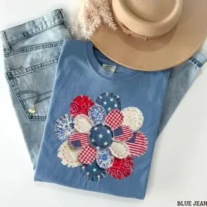 ( FAUX PATCHWORK-PRINT ) Comfort Colors Vintage Patriotic Patchwork Flower TShirt Printed, 4th Of July Floral Tee, Americana Quilt Style TShirt, Boho USA Tee, Summer Graphic Tee - TrendWear USA