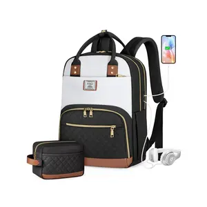 Fashion Colorblock Backpack & Accessory Pouch, Everyday Bags, Lightweight Large Capacity School Bag Set for Women & Girls, Waterproof Travel Laptop Backpack