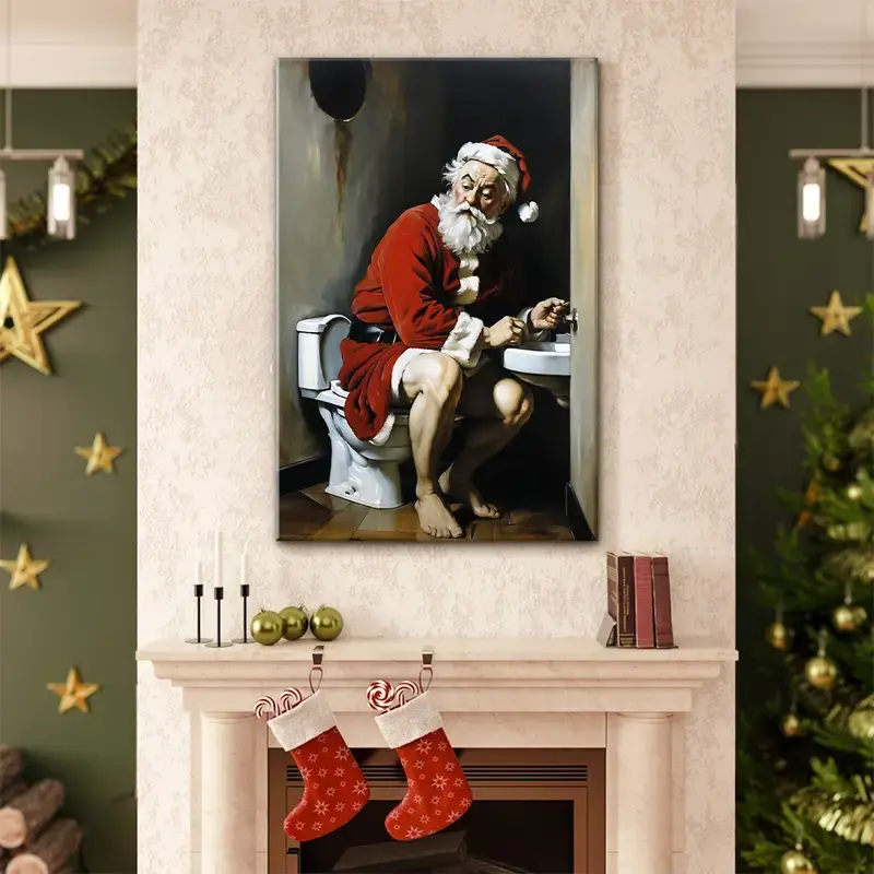 Santa Claus On The Toilet, Humorous Christmas Art Print Poster. Retro Trendy Art Decor Poster, Unframed Poster