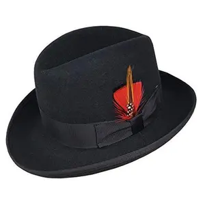 100% Wool Felt Homburg Fedora Hats - Wide Brim, Adult Size, Removable Feather, Unique Texture