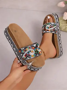 Women's Summer Fashion Thick Sole Sandals Bohemian Style Platform Slides 2026 New Trendy Rhinestone Colorful Stone Slippers O Wedge Beach Shoes Must-have for Coastal Vacation