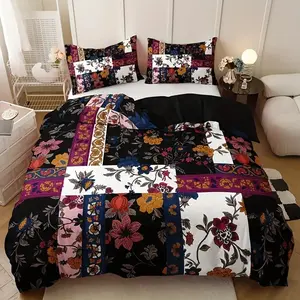 Super soft floral patchwork duvet cover 3-piece set (unfilled) - featuring black, white, and colorful floral patterns, machine washable polyester material, perfect for creating a cozy bedroom and bedroom decoration | patchwork design, bedding set