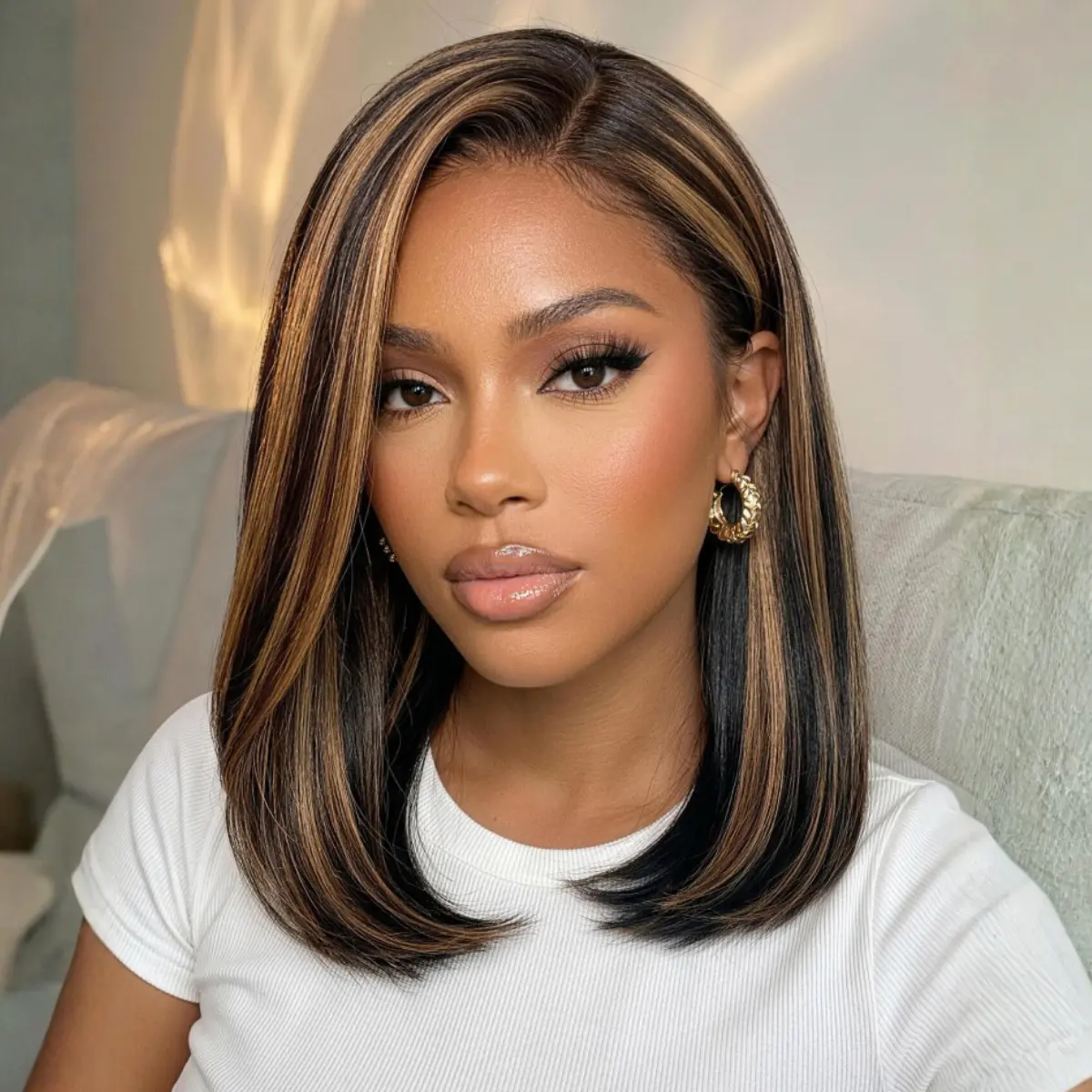 【Side Part】UNice Black with Caramel Highlights Yaki Straight Bob Glueless 7x5 Closure Human Hair Wigs with Drawstring Natural Hairline No Slip Beginners Friendly