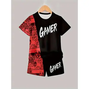 New2pcs Boys' Fashion Set 3D Printed Casual Short Sleeve T-Shirt And Shorts Set, Suitable for Outdoor Activities