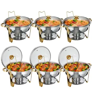GAOMON Superior Buffet Food Warmer Chafing Dish Set – 6-Pack 5L Round Gold Stainless Steel with Glass Lids – Rust-Resistant, Easy to Clean, Large Capacity, Includes Fuel Holders – Ideal for Catering