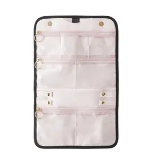 Kusshi Medium Jewelry Organizer in Black Satin Nylon & Blush Micro Suede