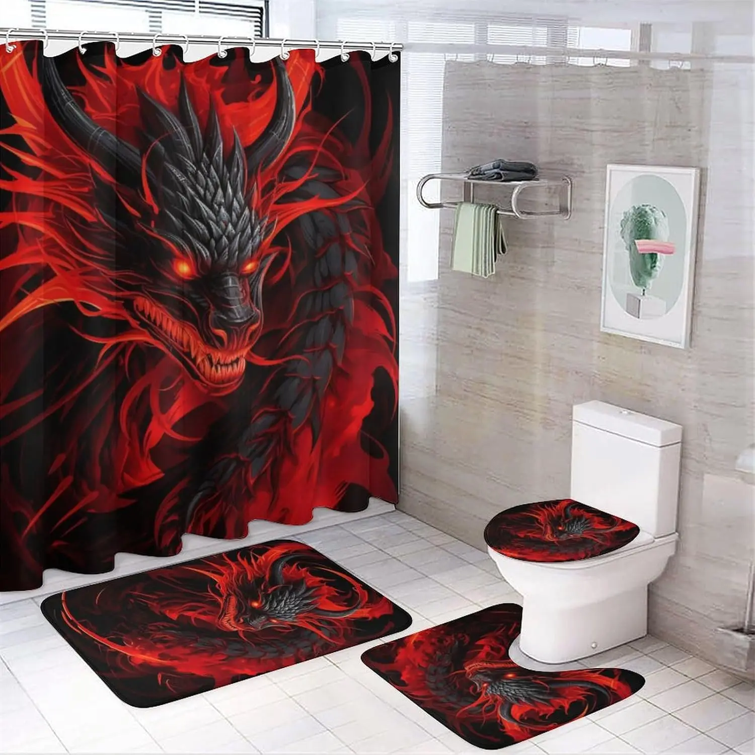 Dragon Pattern Bathroom Decor Set, 4 Counts/set Including Shower Curtain & Toilet Lid Cover & Rectangular Mat & U-shaped Mat, Bathroom Decor Supplies, Bathroom Accessory, Shower Curtain Sets, Bathroom Decor And Accessories