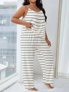 [Plus Size] Striped Print Cami Top & Pants Pyjama Two-piece Set, Casual Comfy Loungewear Set for Women, Women's Sleepwear for All Seasons, Homewear, Sleepwear Pajamas Set