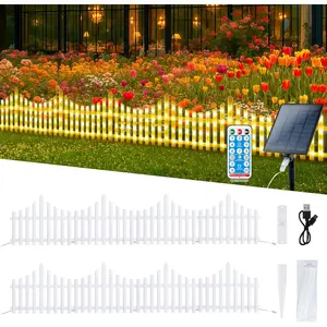8 Pack White Picket Fence for Garden, 11.1in (H) X 9.1ft (L) Garden Fence Border with 144 Led Solar Lights and Remote, Decorative Mini Pocket Fence for Small Flower Path Tree Yard Pet Barrier