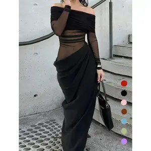 Women's Plain Off Shoulder Ruched Sheer Mesh Dress, 2025 Elegant Long Sleeve Long Dress for Party Banquet, Ladies Summer Clothes Formal Black