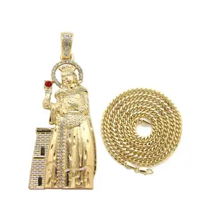MaxBling81 Unisex Hip Hop Necklace, Gold Plated Santa Barbara Religious CZ Amulet Pendant with 4mm Brass Cuban Chain, 18-24 Inch, Gold Plated Amulet