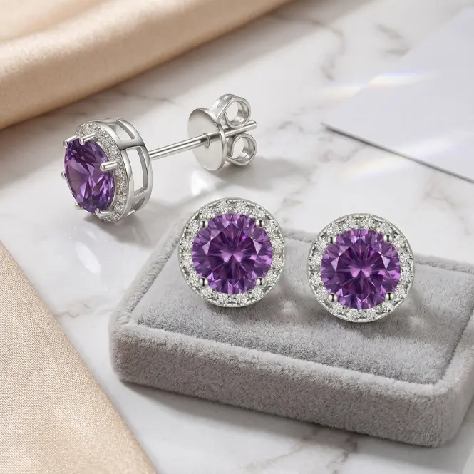 Women's S925 Sterling Silver Purple Amethyst Crystal Halo Stud Earrings, Sparkling Cubic Zirconia Accents, Everyday Elegant Jewelry Gift