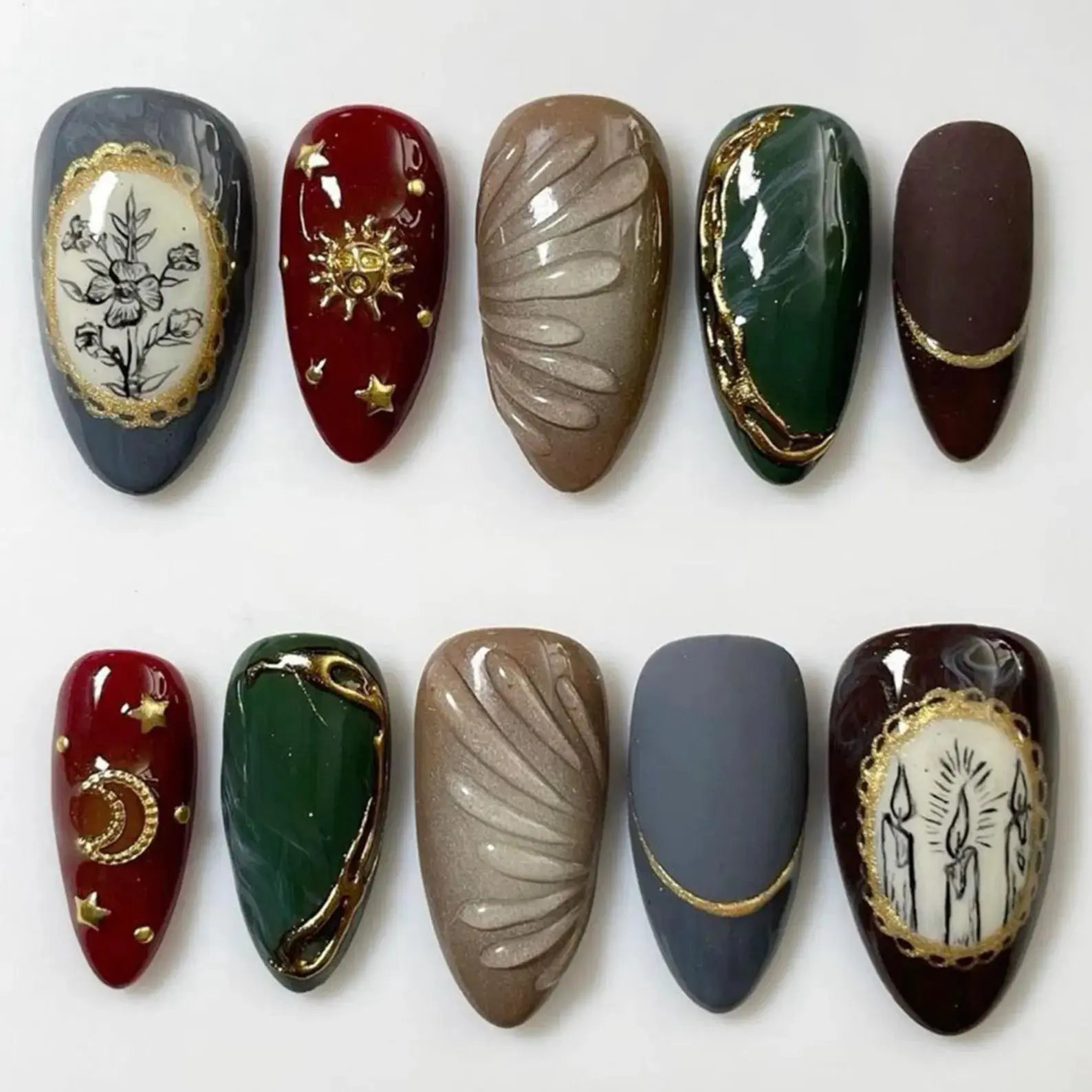 Handmade Press On Nails, Long Gothic Multi Colored Nail Art with Vintage Tattoo, Sun & Moon Motifs, Reusable Long-Lasting Manicure Kit, Multi Colored Nails