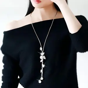 Luxurious Y-Shaped Leaf Charm Necklace Adjustable Dangle Pendant with Rhinestones Faux Pearls Elegant Tassel Sweater Chain Stylish Women's Jewelry for Everyday Wear