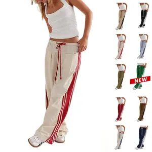 Women's wide leg sports pants with drawstring, high waist, side stripes, loose fit, pocket pants, women'sRAIMENTRY