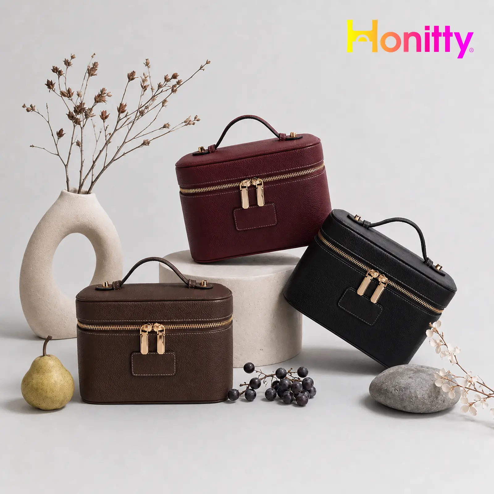 HONITTY Women's Leather Makeup Case - Large-Capacity Waterproof Wipe-Clean Zip Bag with Removable Divider, Portable Travel Toiletry Organizer for Makeup Products