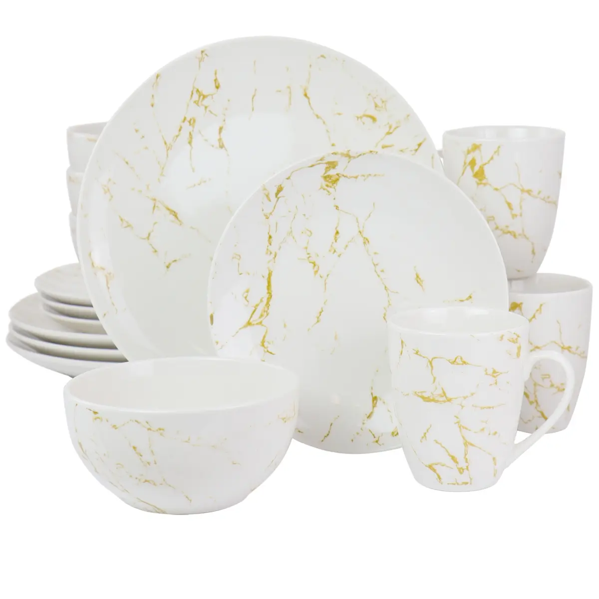 16-Piece Fine Marble Stoneware Tableware Set, Gold-White Plates, Plate