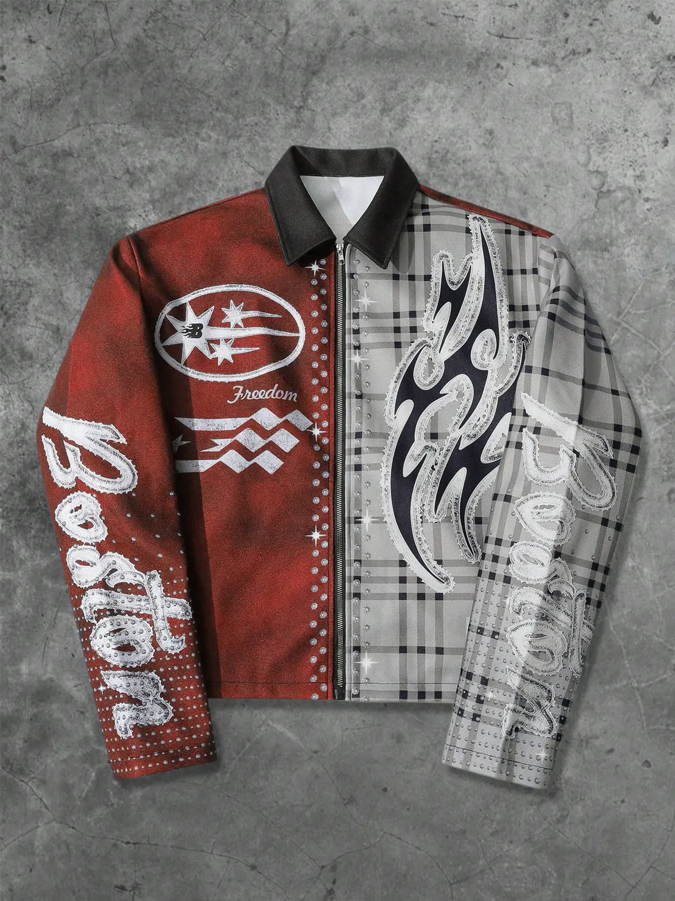 This cropped zip-up jacket hits 2025 trends: star graphics, 'Free Spirited' text, edgy mixed-media design, studded sleeves. Perfect for streetwear fits, concert OOTDs. Plaid Print Jacket, Streetwear Jackets