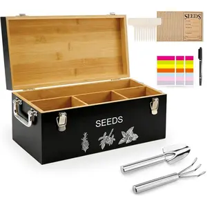 Seed Storage Organizer Box - Large Seeds Saver Kit Included Stainless Steel Garden Tools, 20 Seed Envelopes, 10 Wooden  Labels, Mark Pen & 3 Color Stickers