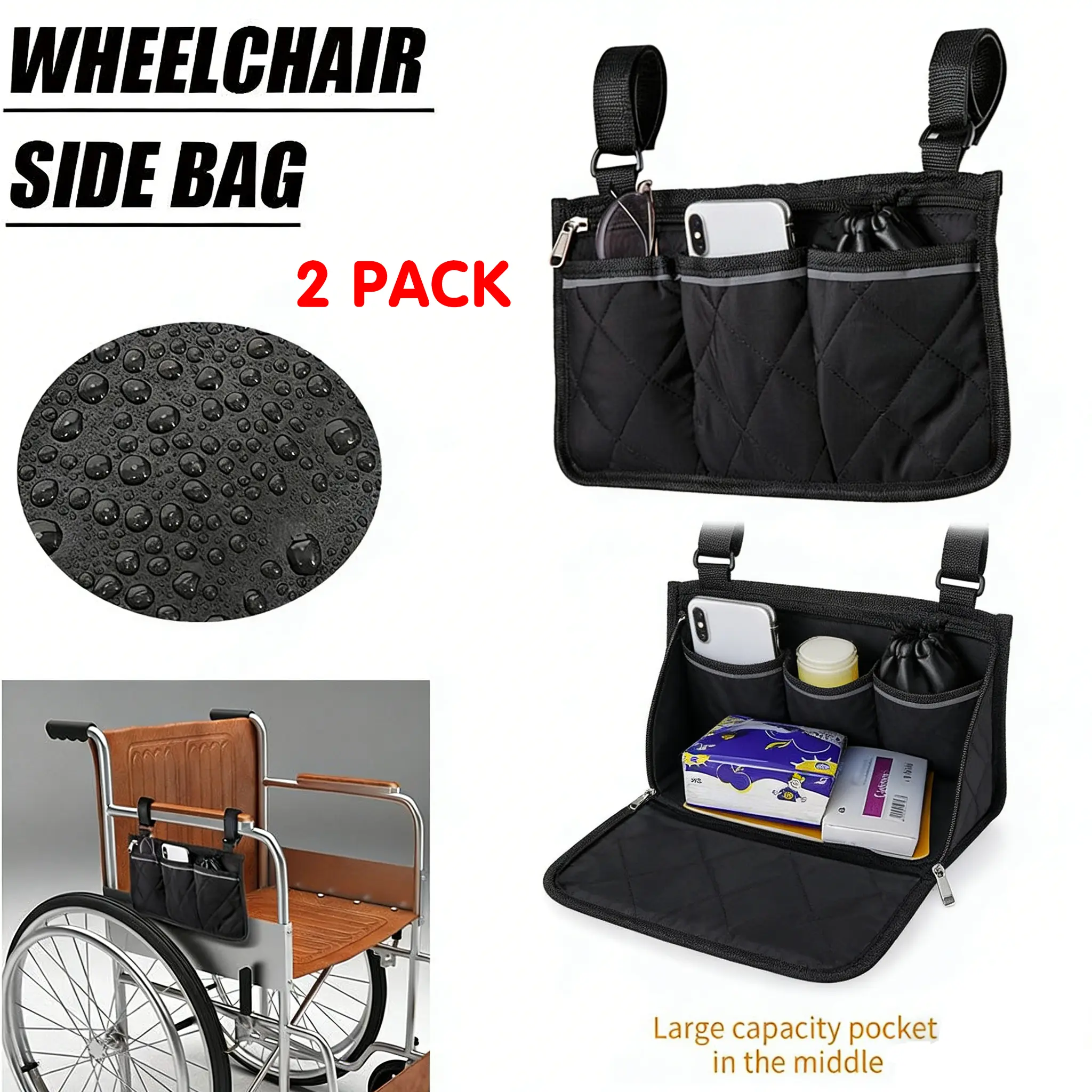2 PCS Wheelchair Side Organizer Bags - 1000D Polyester Tool Pouch, Durable Travel Accessory, Hook-and-Loop Adjustable Multi-Pocket, 12.4x8 In, Reflective Stripes, Zipper Pull, Bottle Stay-Put (Wheelchair, Home Chair Use)