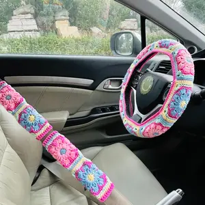 Floral Pattern Car Steering Wheel Cover & Seat Belts Cover, Colored Crocheted Non-slip Car Steering Wheel Protector & Seat Belts Cover, Universal Car Steering Wheel Cover for Women & Girls, Girly Car Accessories, Car Interior Accessory