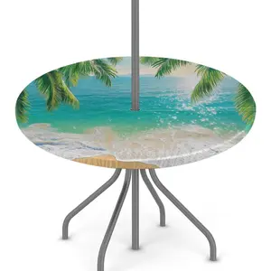 Round Outdoor Tablecloth with Umbrella Hole, Waterproof Elastic Outdoor Table Cloth with Zipper, Tropical Palm Tree Ocean Beach Picnic Table Cover for Camping, Garden, 45"-56"