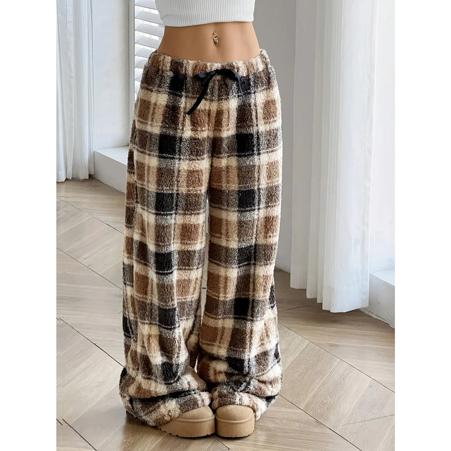 Women's Plaid Flannel Pants, Casual Loungewear in Brown Beige with a Soft Wide-Leg Loose Fit for Autumn/Winter, Mixed Color, Cozy Flannel Material