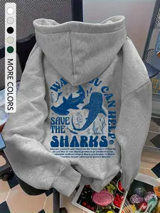 Women's Casual Hooded Sweatshirt, Shark Print Drop Shoulder Pullover, Loose Fit Drawstring Pocket Design, Fall & Winter Fashion