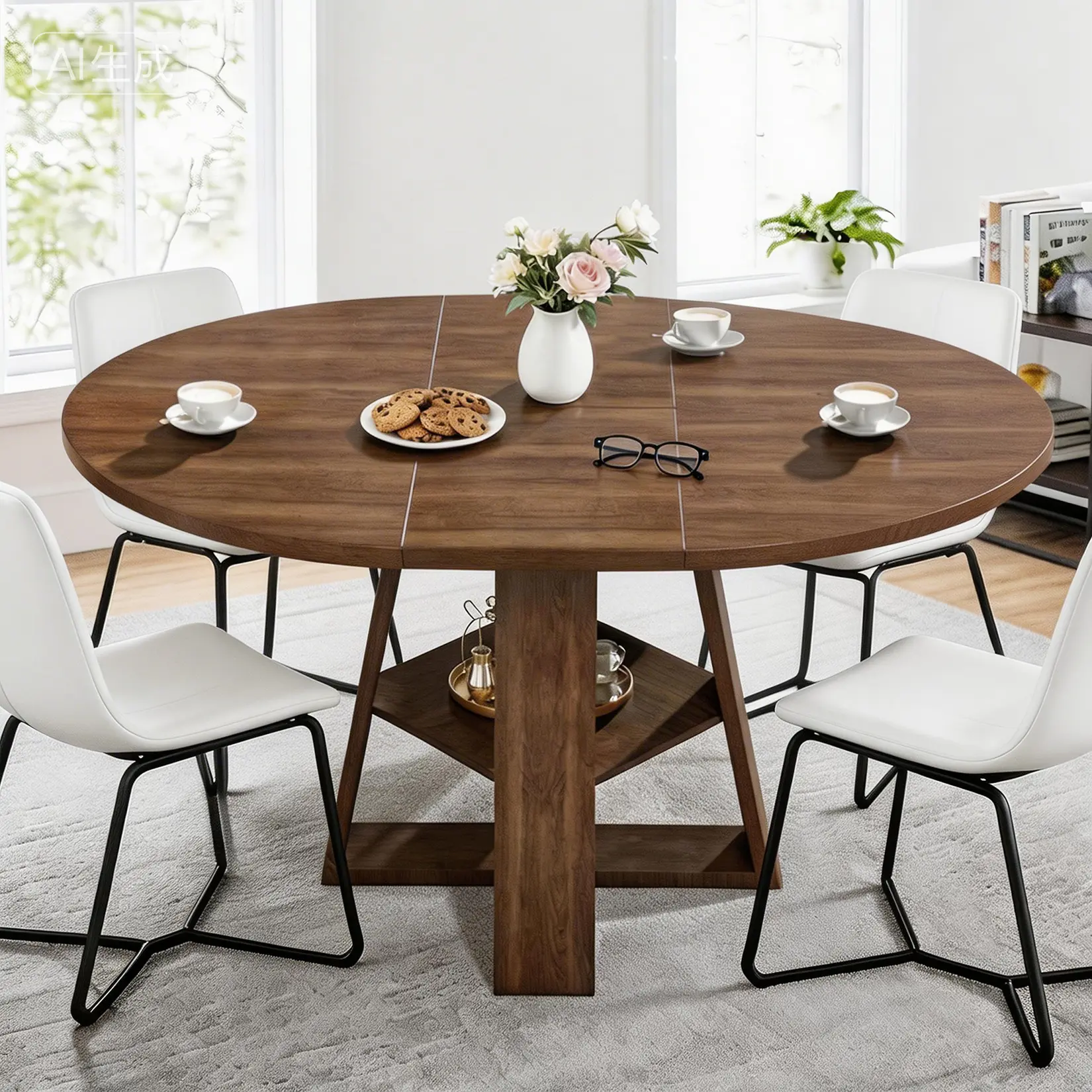 43.3in-59in Extendable Round Dining Table for 4-8, Expandable Oval Kitchen Table with Storage Shelf, Modern Circular Dinner Table with Sturdy V-Shaped Legs for Small Space, Living Room, Restaurant