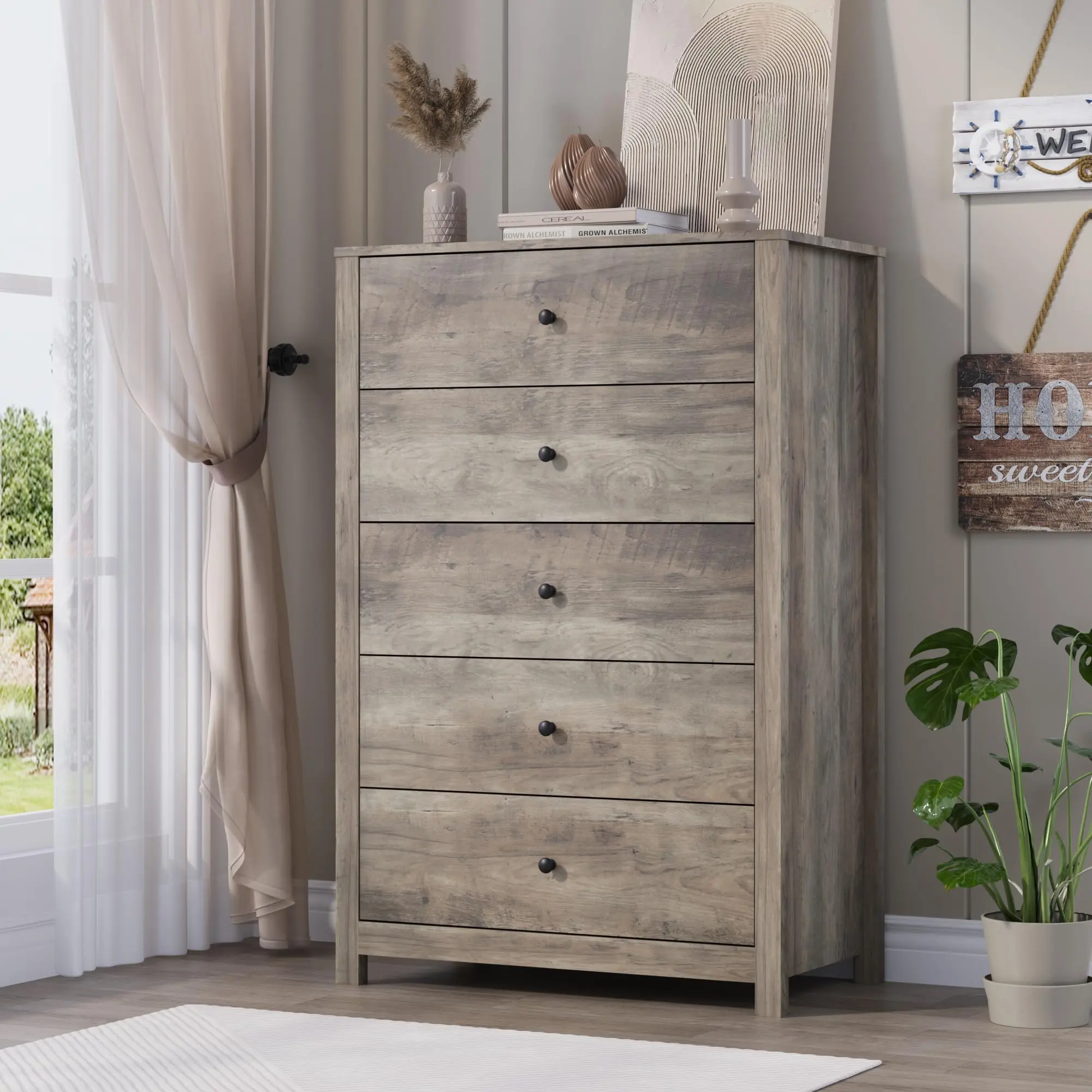 Tall Dresser for Bedroom with 5 Drawer, Modern Tall Wooden Chest of Drawers with Deep Drawers, Minimalist Tall Wood Storage Dresser Organizer for Living Room Hallway Entryway Closet