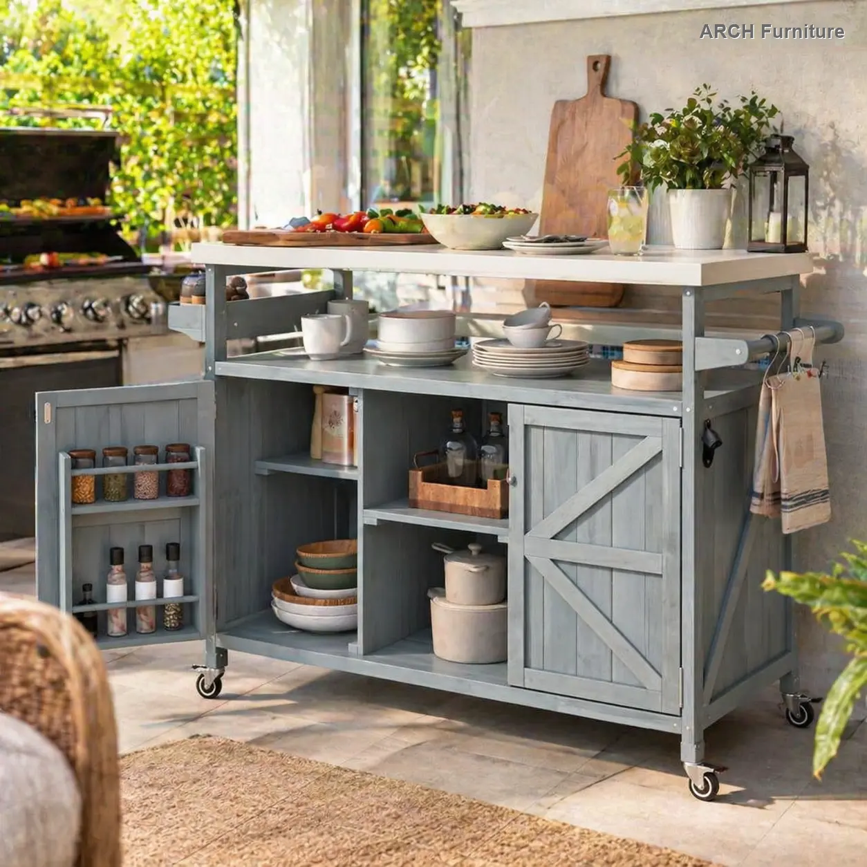 ARCH K&K Farmhouse Solid Wood Outdoor Grill Island with 50x18x36" Dimensions, Lockable Wheels, Slatted Front, Stainless Steel Top, Spice Rack, Towel Rack, Rolling Bar Cart & Storage Cabinet, Grey Blue Kitchen Buffet Sideboard for BBQ