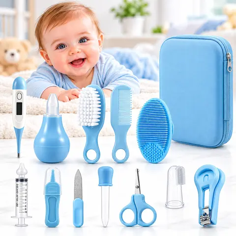 Baby Grooming Kit & Baby Healthcare - Baby Safety Set Comb, Brush, Finger Toothbrush, Nail Clippers, Scissors, Nasal Aspirator - Nursery Care Kit Pink/Blue