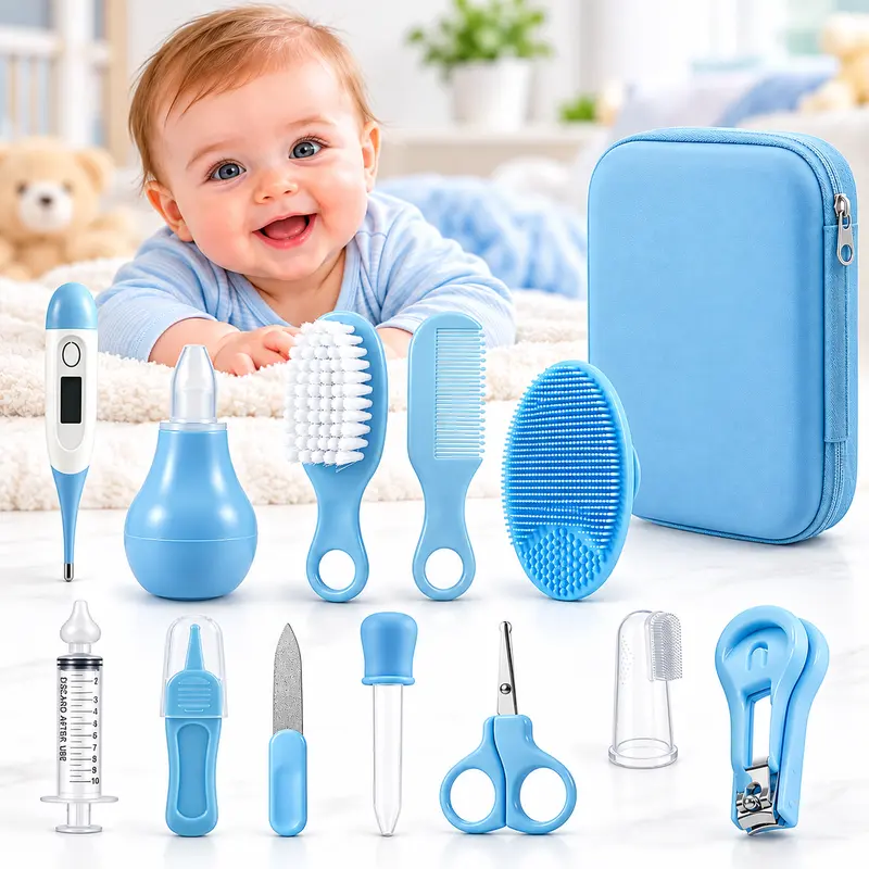 Baby Grooming Kit & Baby Healthcare - Baby Safety Set Comb, Brush, Finger Toothbrush, Nail Clippers, Scissors, Nasal Aspirator - Nursery Care Kit Pink/Blue