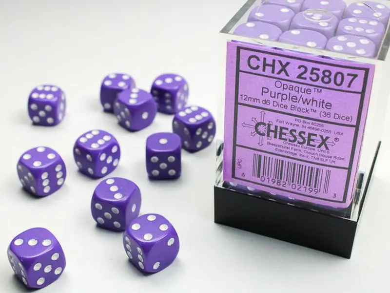 Opaque (Purple/White) Chessex Brand 12mm D6 Dice Set 36ct.