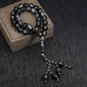 Handmade 33 Black Angular Acrylic Beads Hand-Knotted Stackable Religious Prayer Bracelet - Costume Jewelry, Ramadan Modesty Accessory