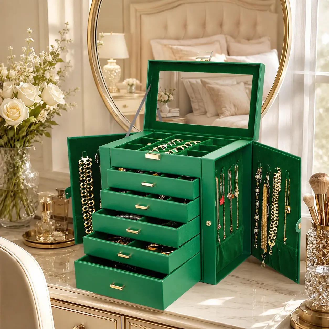 BOOVO  Jewelry Box For women, 6 Layer Large Jewelry Organizer With Mirror, Multi-Function Storage Box With Lock, Necklace Holder With 5 Drawers Minimalist Jewelry Storage Case with Double Side Doors, Gift for Women Earring Box(Green and Gold)
