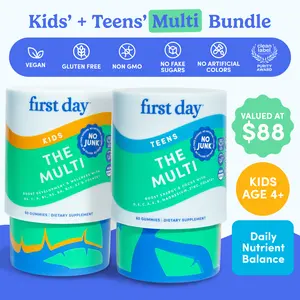Bundle of FIRST DAY Kids Essential Multivitamin Gummies and FIRST DAY Teens Daily Kickstart Multivitamin Gummies for Teen Boy and Girls Ages 12-17 - Edible Gummy Dietary Vitamins - Organic - No Fillers, Gums, Added Sugars - "No Junk" - Daily Supplement